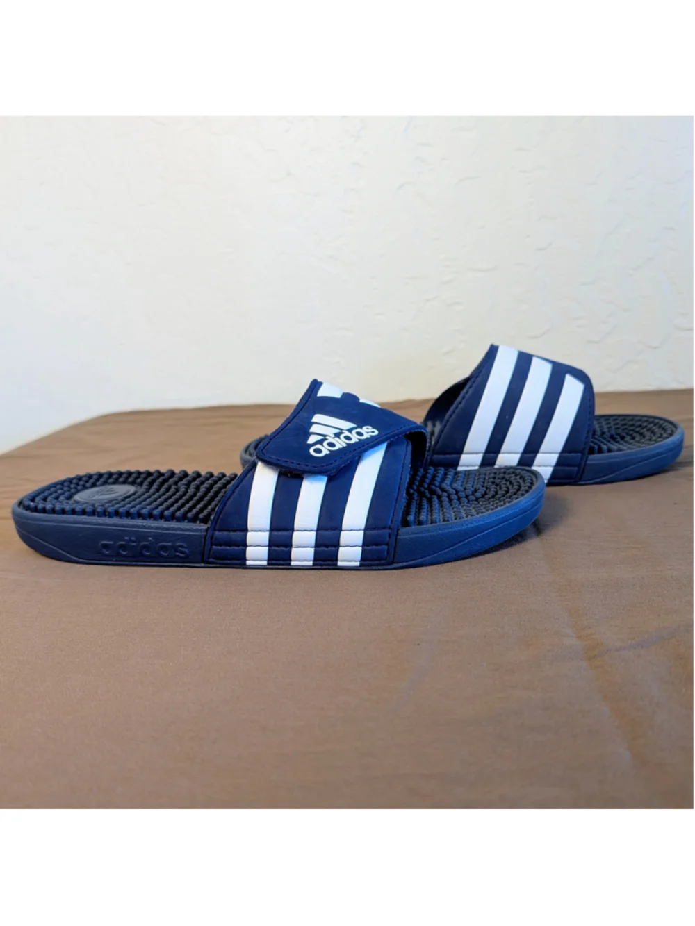 Adidas Adissage Adjustable Slides Men size 9 Navy White Massage Footbed Sandals